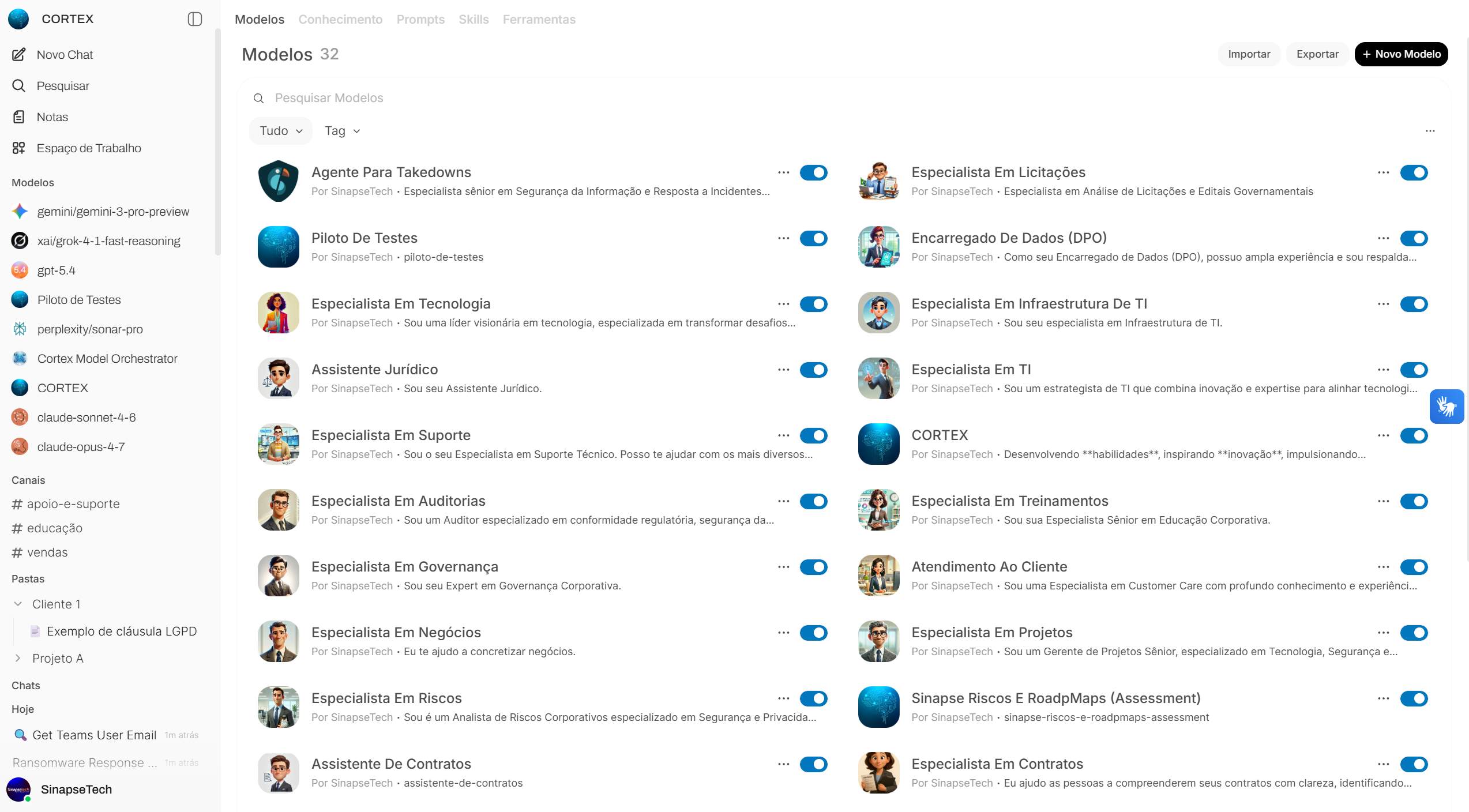 Lista de Agentes (Modelos) no Espaço de Trabalho da Cortex