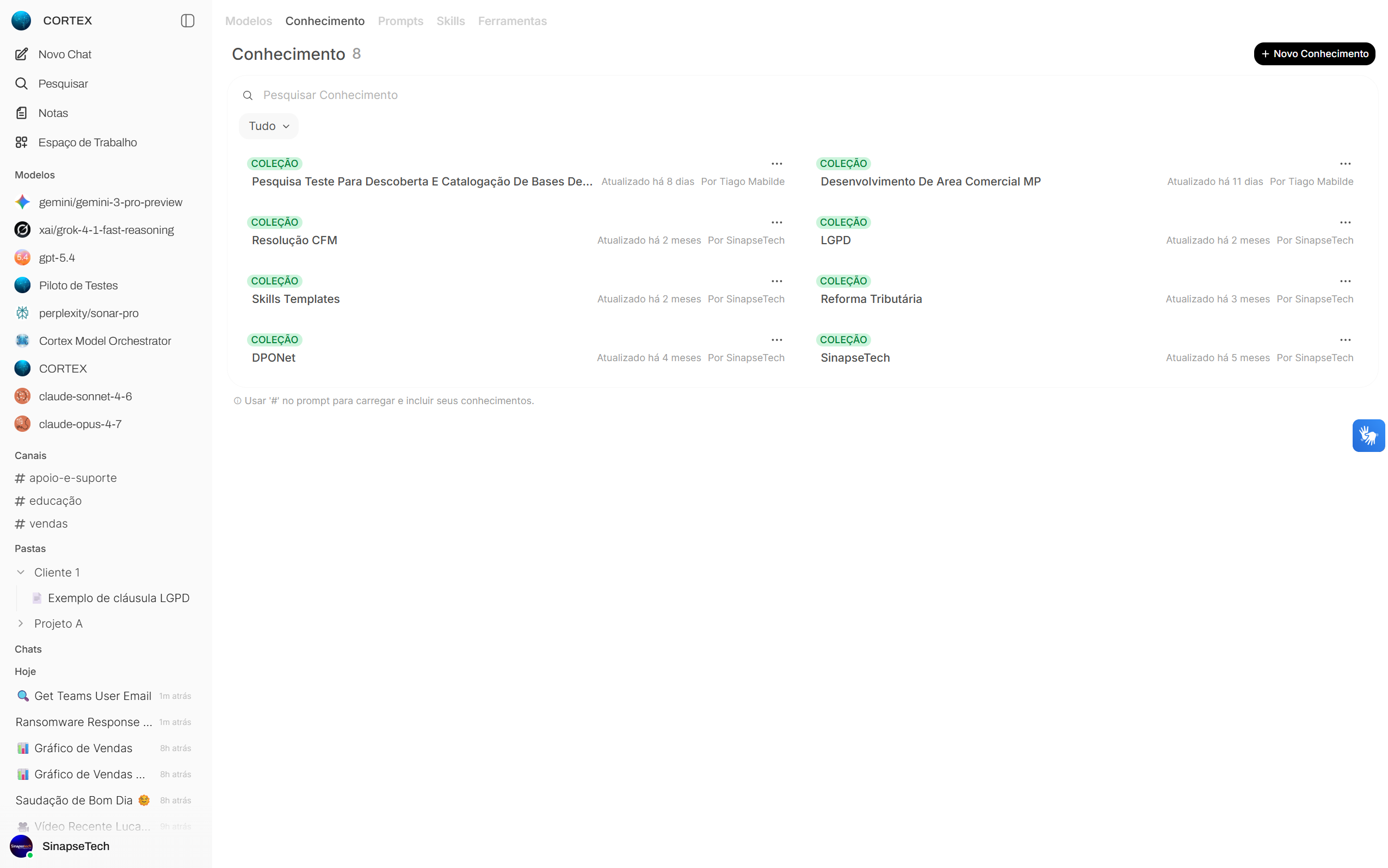 Lista de coleções de conhecimento na Cortex