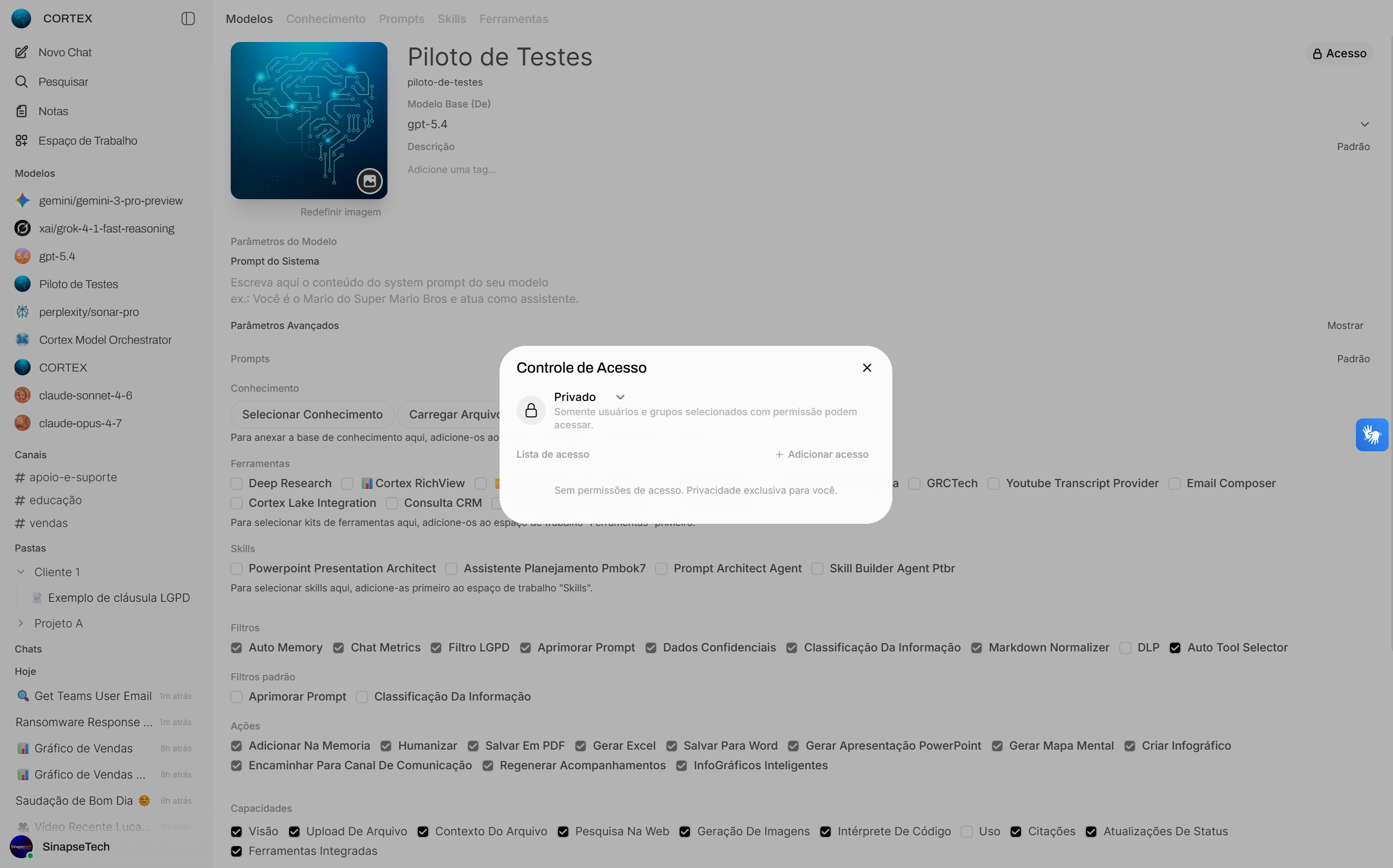 Modal de Controle de Acesso do agente na Cortex